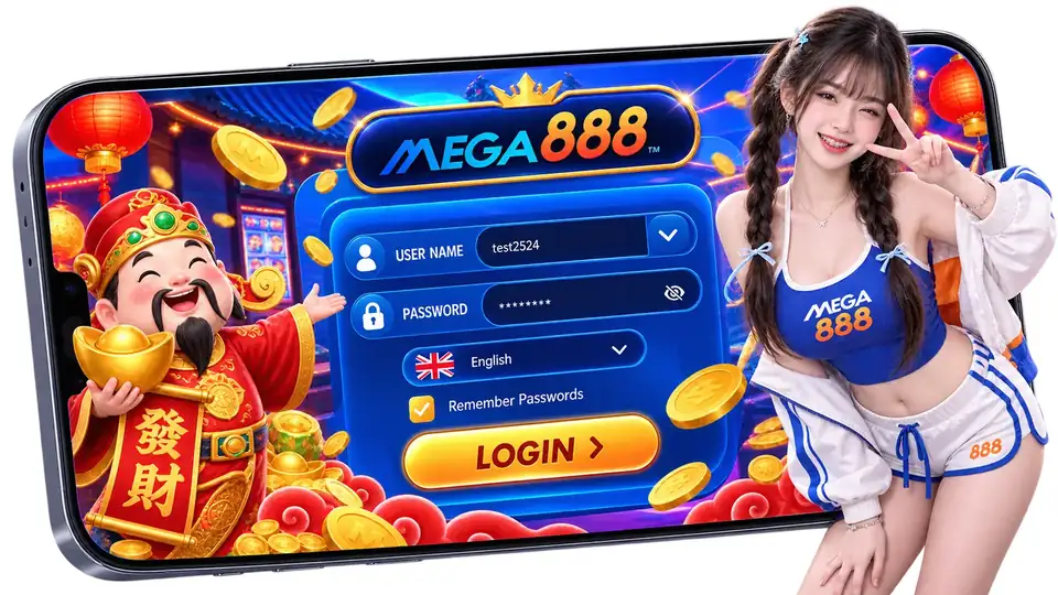 Layar login MEGA888 pada bingkai tembaga